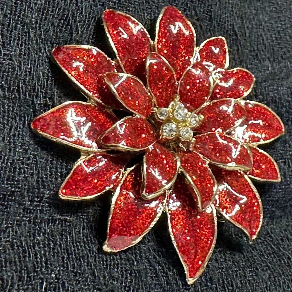 Vintage Poinsettia Brooch Red Glitter Enamel Rhinestone‎ Christmas Pin